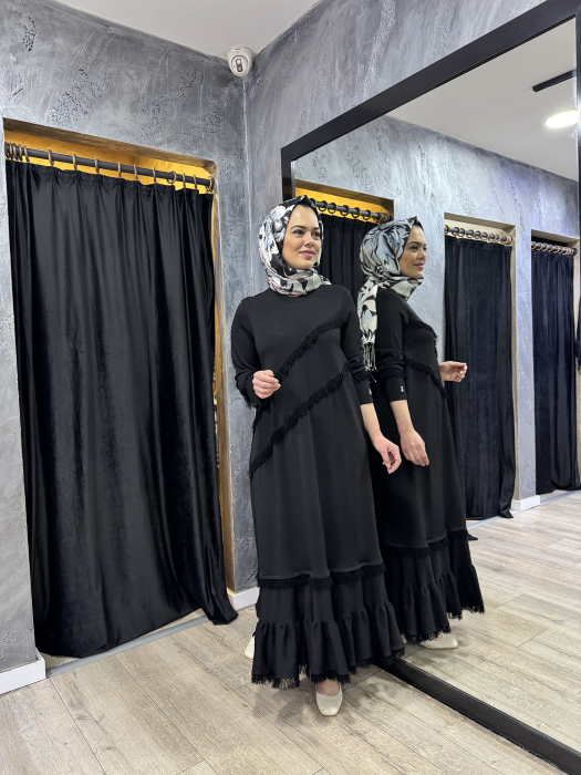 Miss Dalida Püskül Detaylı Triko Uzun Elbise BLACK - 2