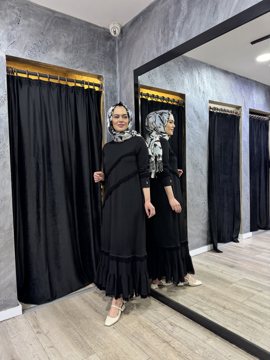 Miss Dalida Püskül Detaylı Triko Uzun Elbise BLACK - 3