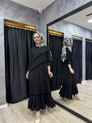 Miss Dalida Püskül Detaylı Triko Uzun Elbise BLACK - 5