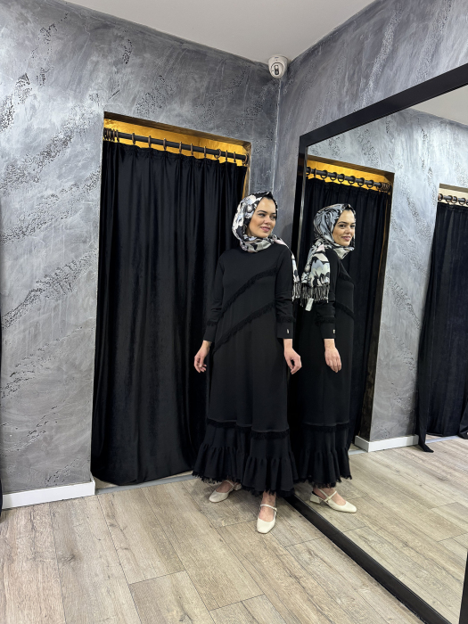 Miss Dalida Püskül Detaylı Triko Uzun Elbise BLACK - 6