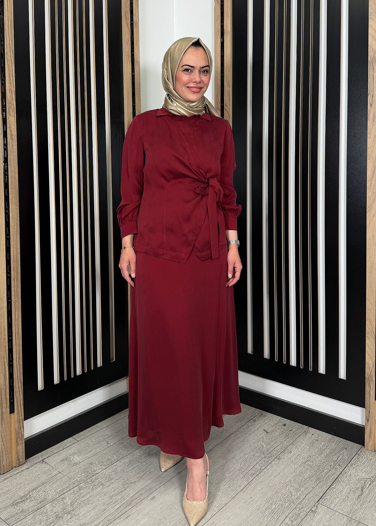 Miss Dalida Rahat Kesim Düz Renk Kumaş Etek Cherry - 3