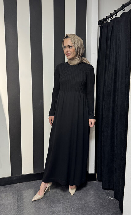 Miss Dalida Saç Örgü Detaylı Triko Elbise BLACK - 1