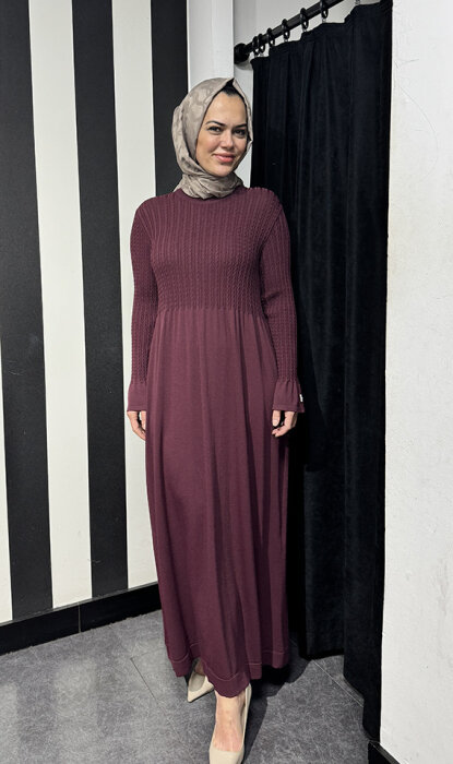 Miss Dalida Saç Örgü Detaylı Triko Elbise BORDO - 2