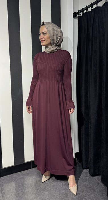Miss Dalida Saç Örgü Detaylı Triko Elbise BORDO - 3