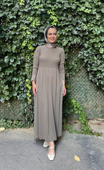 Miss Dalida Saç Örgü Detaylı Triko Elbise MİNK - 2