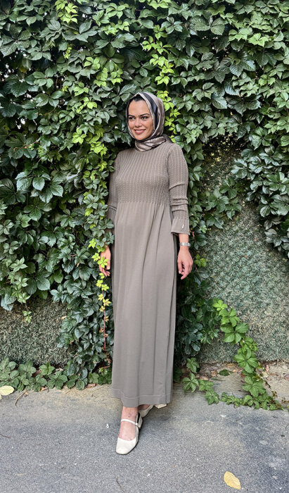 Miss Dalida Saç Örgü Detaylı Triko Elbise MİNK - 1