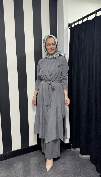 Miss Dalida Şal Yaka Cupro Triko Hırka-Tunik Takım ANTRASİT - 2