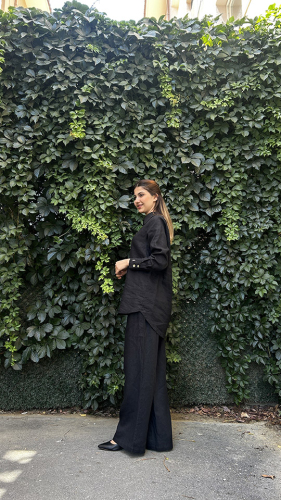 Miss Dalida Sedef Düğmeli Düz Renk Keten Gömlek BLACK - 3