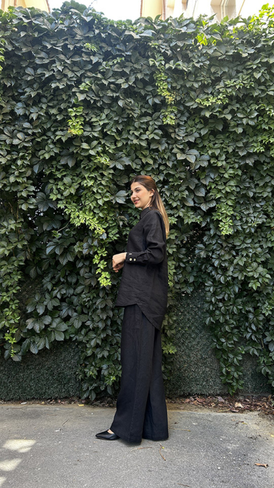 Miss Dalida Sedef Düğmeli Düz Renk Keten Gömlek BLACK - 3