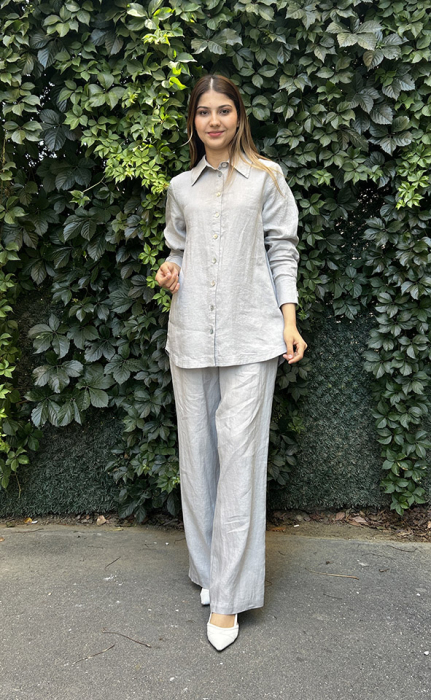 Miss Dalida Sedef Düğmeli Düz Renk Keten Gömlek GREY - 1
