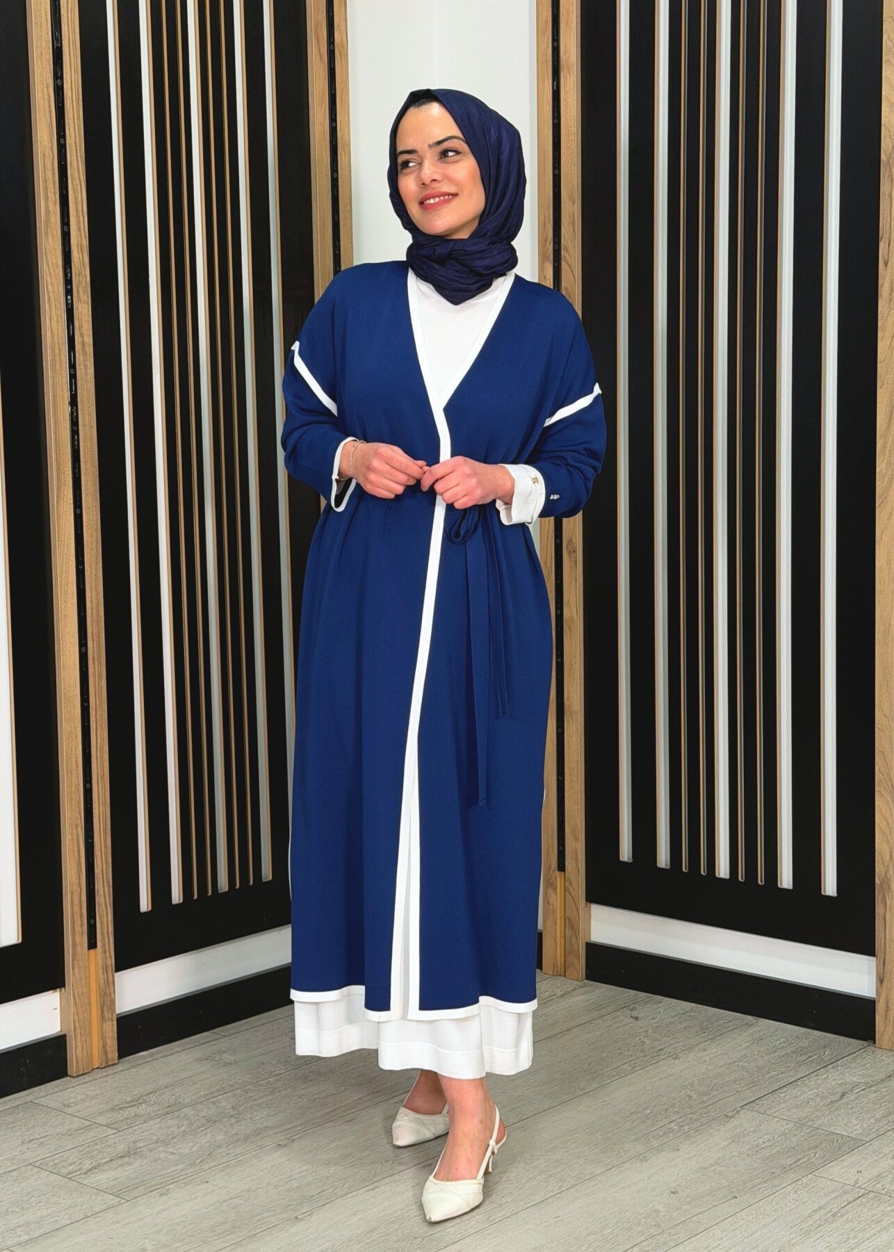 Miss Dalida Şerit Detaylı Düz Renk Triko Hırka Navy - 1