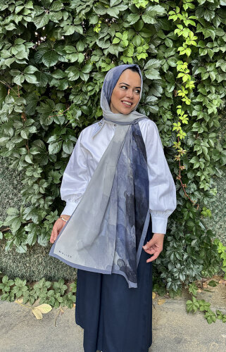 Miss Dalida Sulu Boya Desenli Şal Navy Blue - 2