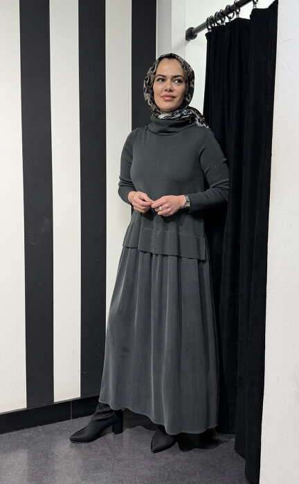 Miss Dalida Triko Cupro Elbise Vate/Dark Grey - 3