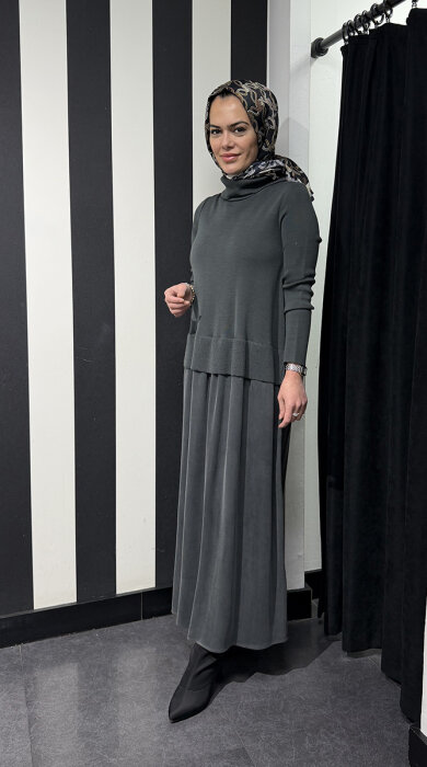 Miss Dalida Triko Cupro Elbise Vate/Dark Grey - 4