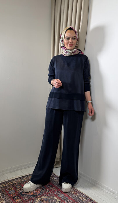 Miss Dalida Triko Detaylı Cupra Kısa Tunik LACİVERT - 1