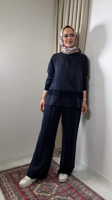 Miss Dalida Triko Detaylı Cupra Kısa Tunik LACİVERT - 2