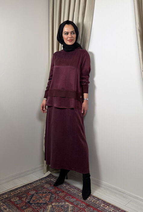 Miss Dalida Triko Detaylı Cupra Kısa Tunik Plum - 5