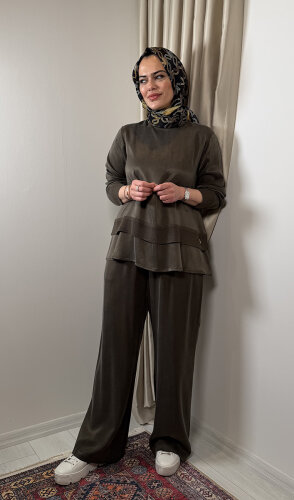 Miss Dalida Triko Detaylı Cupra Kısa Tunik TAUPE - 1