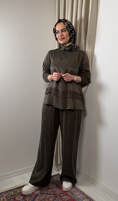 Miss Dalida Triko Detaylı Cupra Kısa Tunik TAUPE - 1