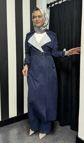 Miss Dalida Triko Detaylı Kumaş Trençkot İNDİGO - MİSS DALİDA