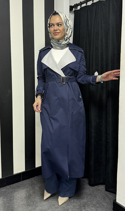 Miss Dalida Triko Detaylı Kumaş Trençkot İNDİGO - 1