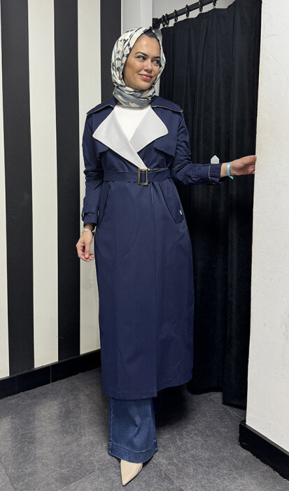 Miss Dalida Triko Detaylı Kumaş Trençkot İNDİGO - 2