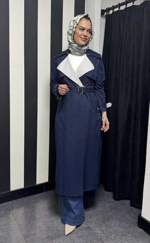 Miss Dalida Triko Detaylı Kumaş Trençkot İNDİGO - 3