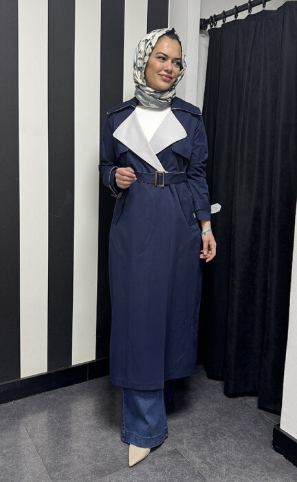 Miss Dalida Triko Detaylı Kumaş Trençkot İNDİGO - 3