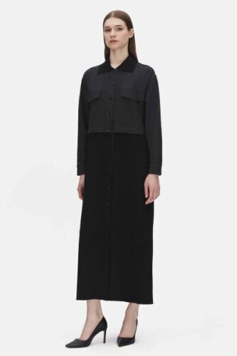 Miss Dalida Triko Detaylı Uzun Denim Kap BLACK - 2