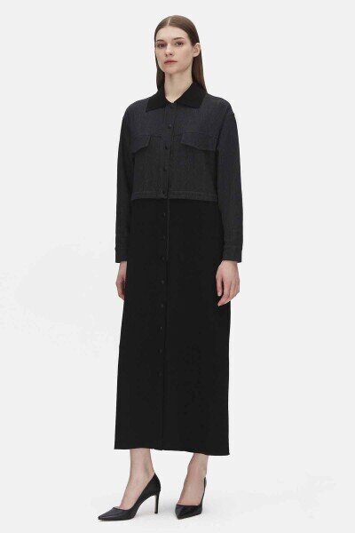 Miss Dalida Triko Detaylı Uzun Denim Kap BLACK - 2