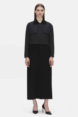 Miss Dalida Triko Detaylı Uzun Denim Kap BLACK 