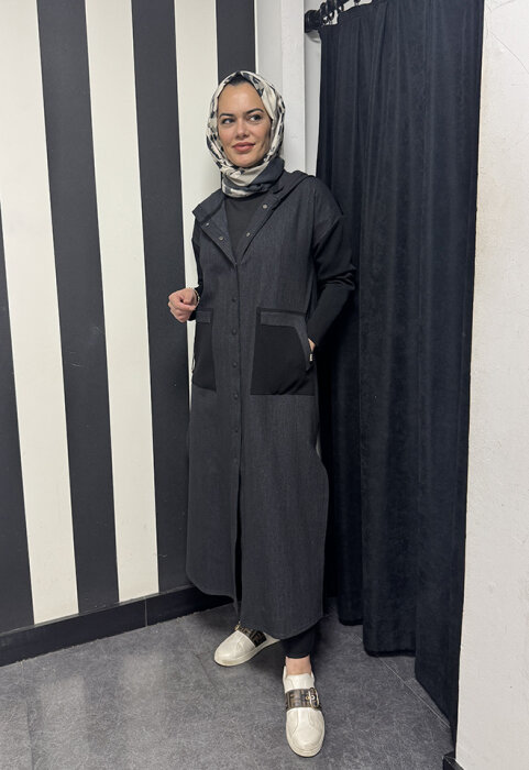 Miss Dalida Triko Detaylı Uzun Denim Kap BLACK - 2