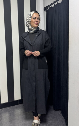 Miss Dalida Triko Detaylı Uzun Denim Kap BLACK - 3