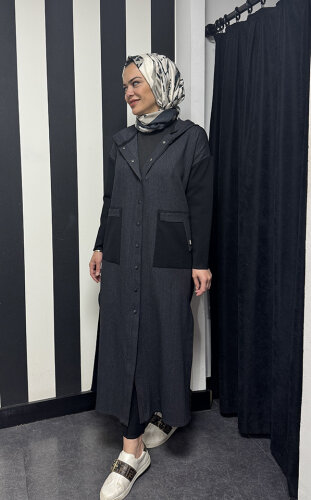 Miss Dalida Triko Detaylı Uzun Denim Kap BLACK - MİSS DALİDA