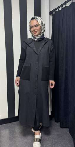 Miss Dalida Triko Detaylı Uzun Denim Kap BLACK - 4