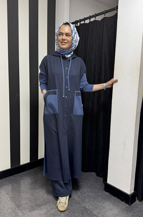 Miss Dalida Triko Detaylı Uzun Denim Kap İNDİGO - 1