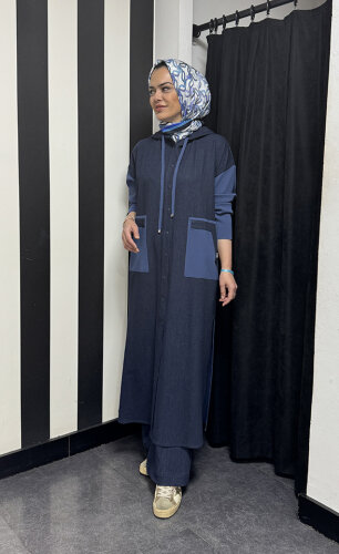 Miss Dalida Triko Detaylı Uzun Denim Kap İNDİGO - 2