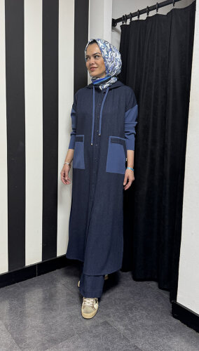 Miss Dalida Triko Detaylı Uzun Denim Kap İNDİGO - 3