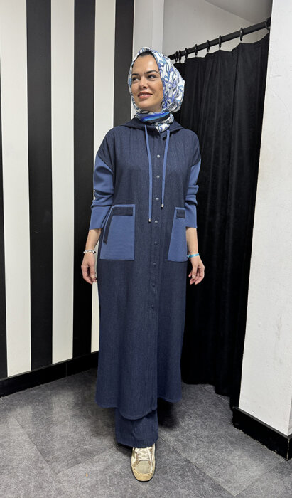 Miss Dalida Triko Detaylı Uzun Denim Kap İNDİGO - 4