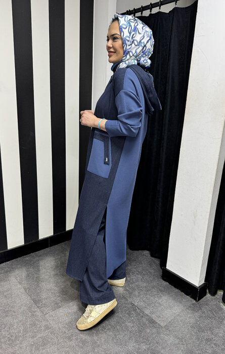 Miss Dalida Triko Detaylı Uzun Denim Kap İNDİGO - 5