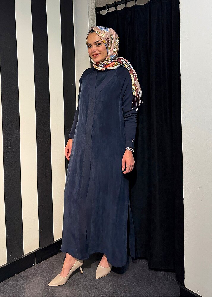 Miss Dalida Triko Detaylı V Yaka Cupro Kap Dark Navy - 3