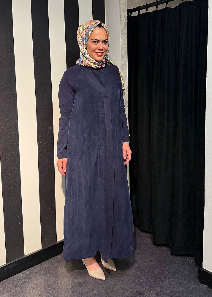 Miss Dalida Triko Detaylı V Yaka Cupro Kap Dark Navy - 5