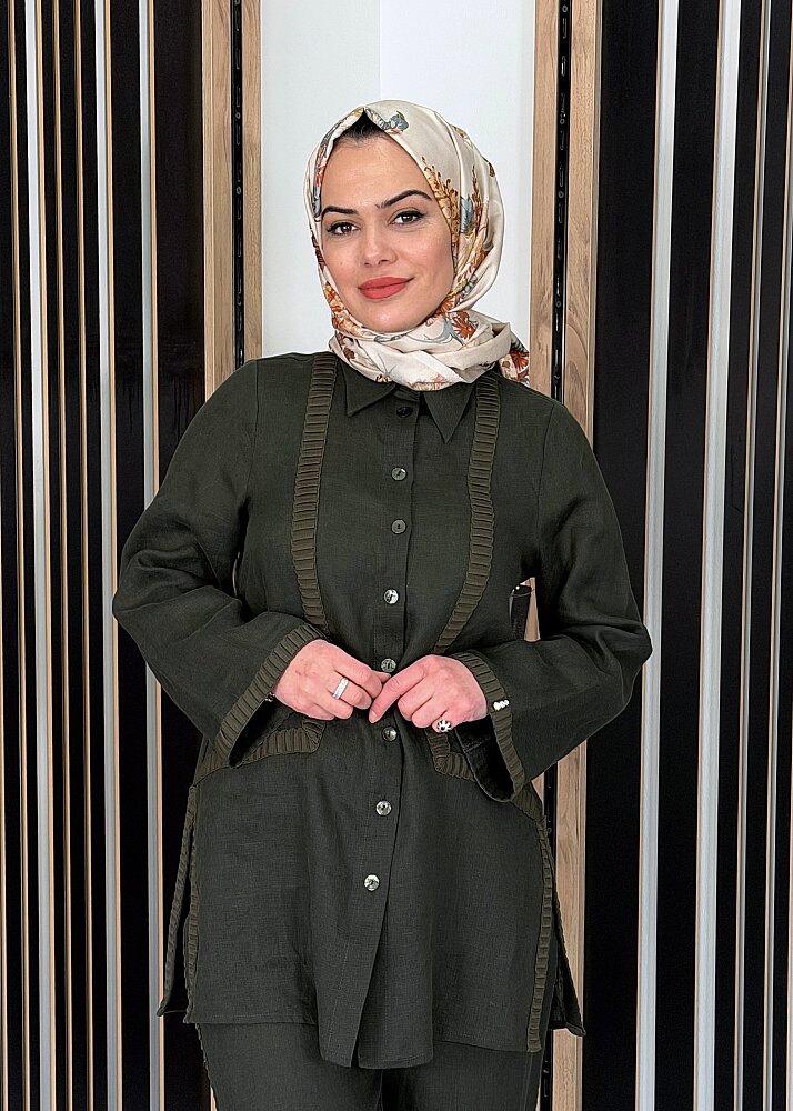 Miss Dalida Triko Tiktaklı Keten Gömlek KHAKİ