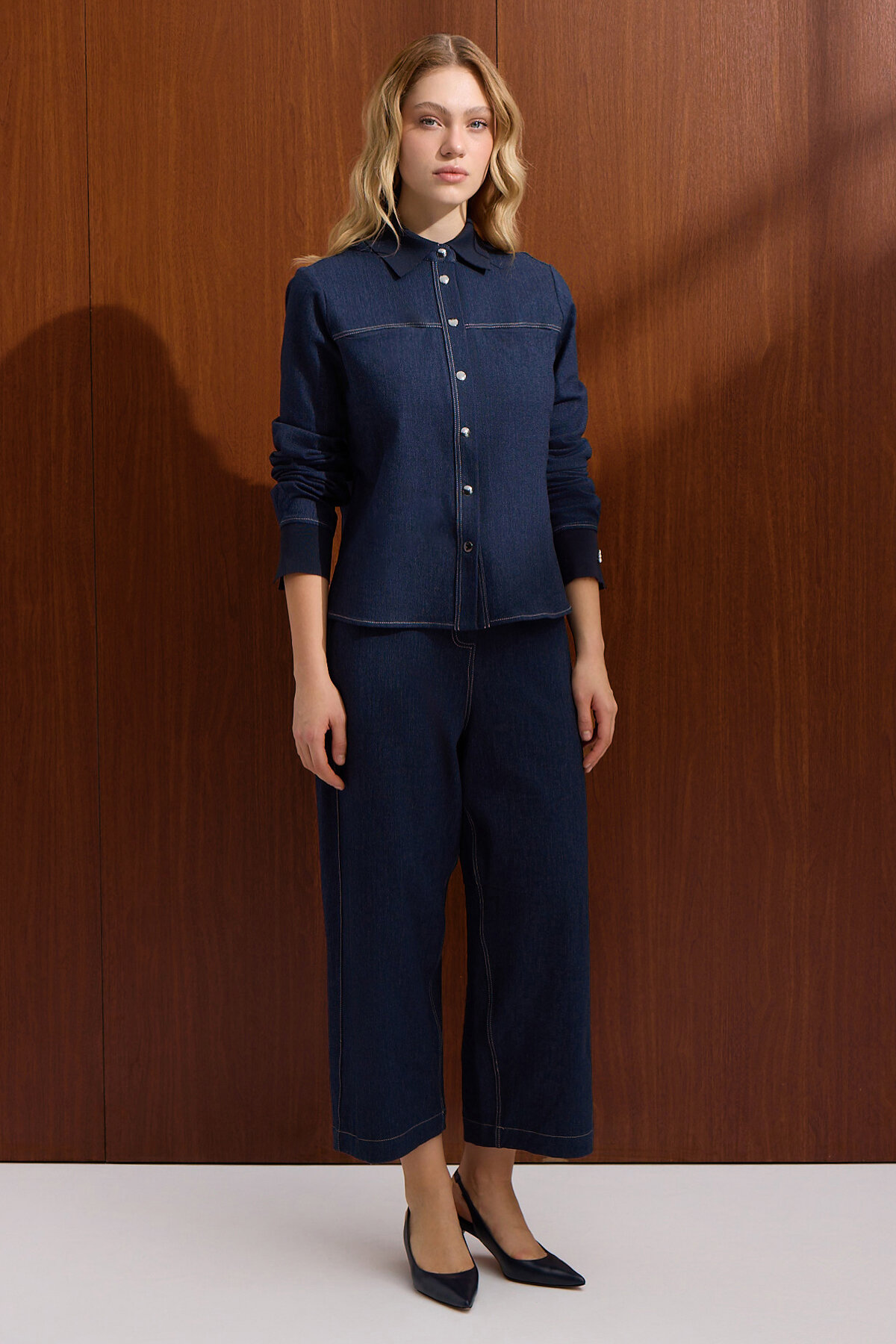 Miss Dalida Triko Yakalı Denim Gömlek Navy - 3