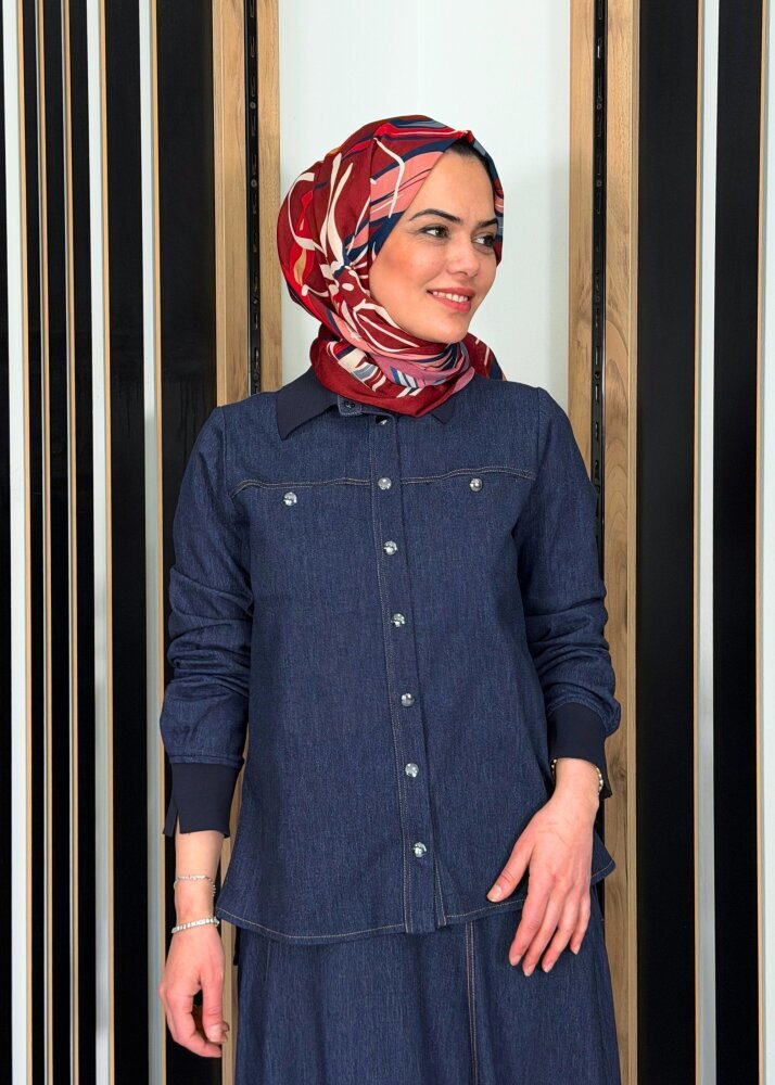 Miss Dalida Triko Yakalı Denim Gömlek Navy - 3