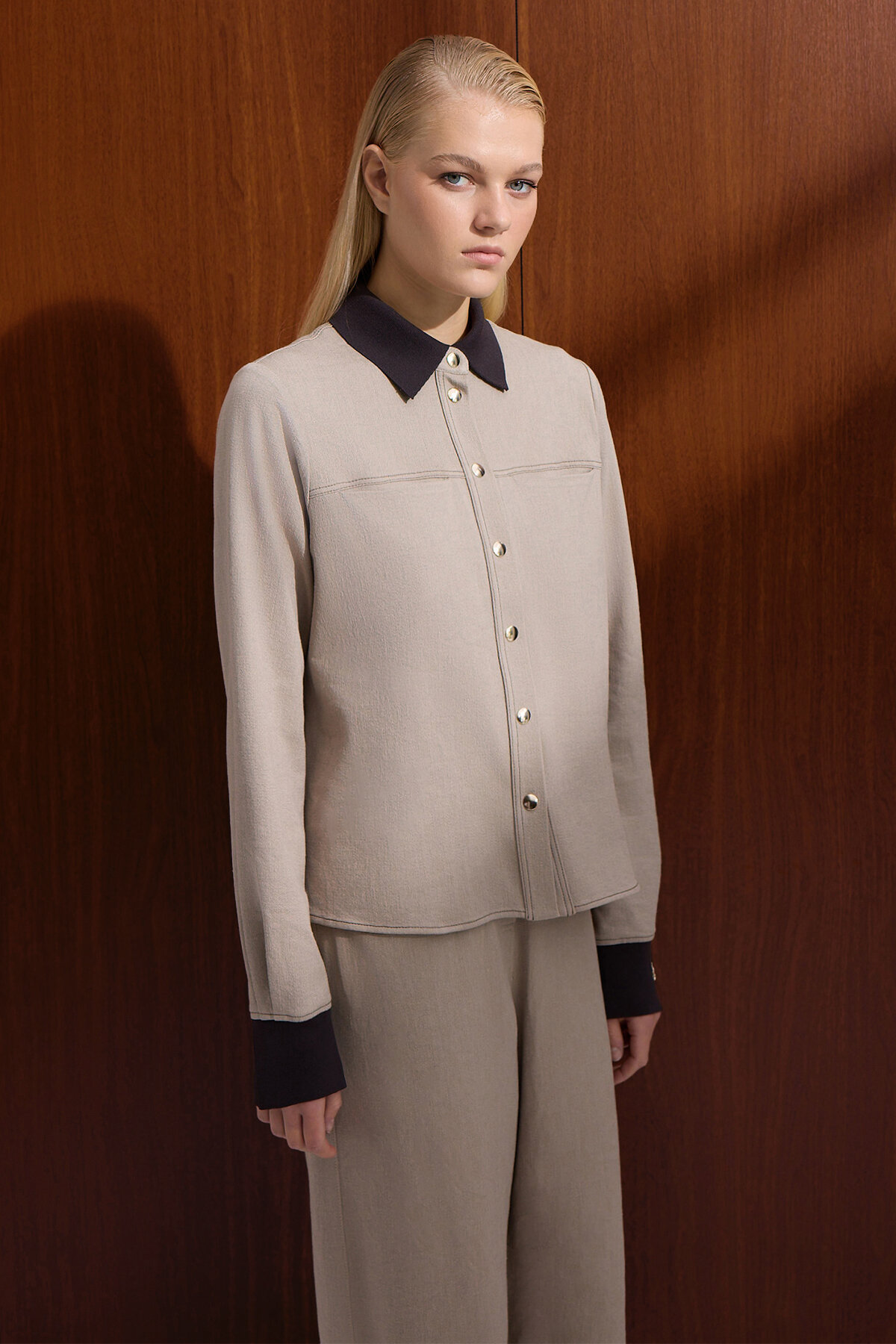 Miss Dalida Triko Yakalı Denim Gömlek Stone - 1