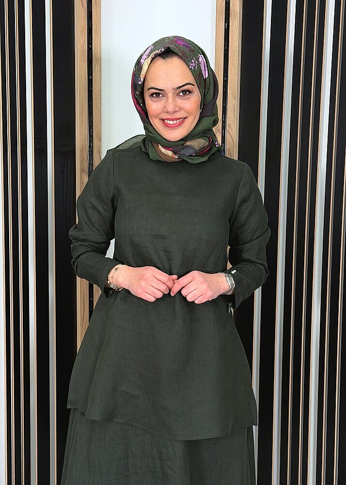 Miss Dalida Uzun Kollu Düz Renk Keten Tunik KHAKİ - 2