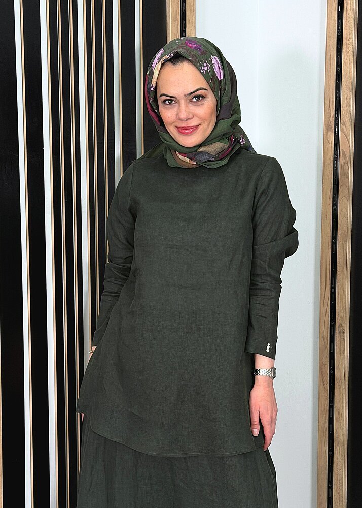 Miss Dalida Uzun Kollu Düz Renk Keten Tunik KHAKİ - 1