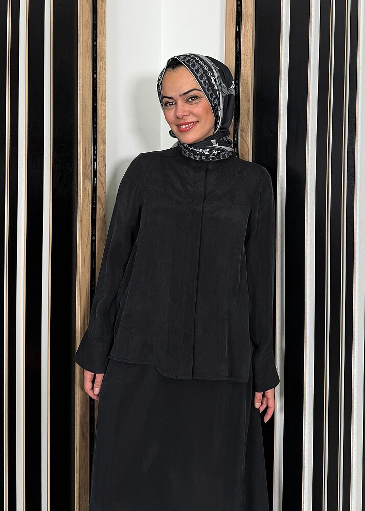Miss Dalida Uzun Yollu Yakasız Cupra Keten Gömlek BLACK 