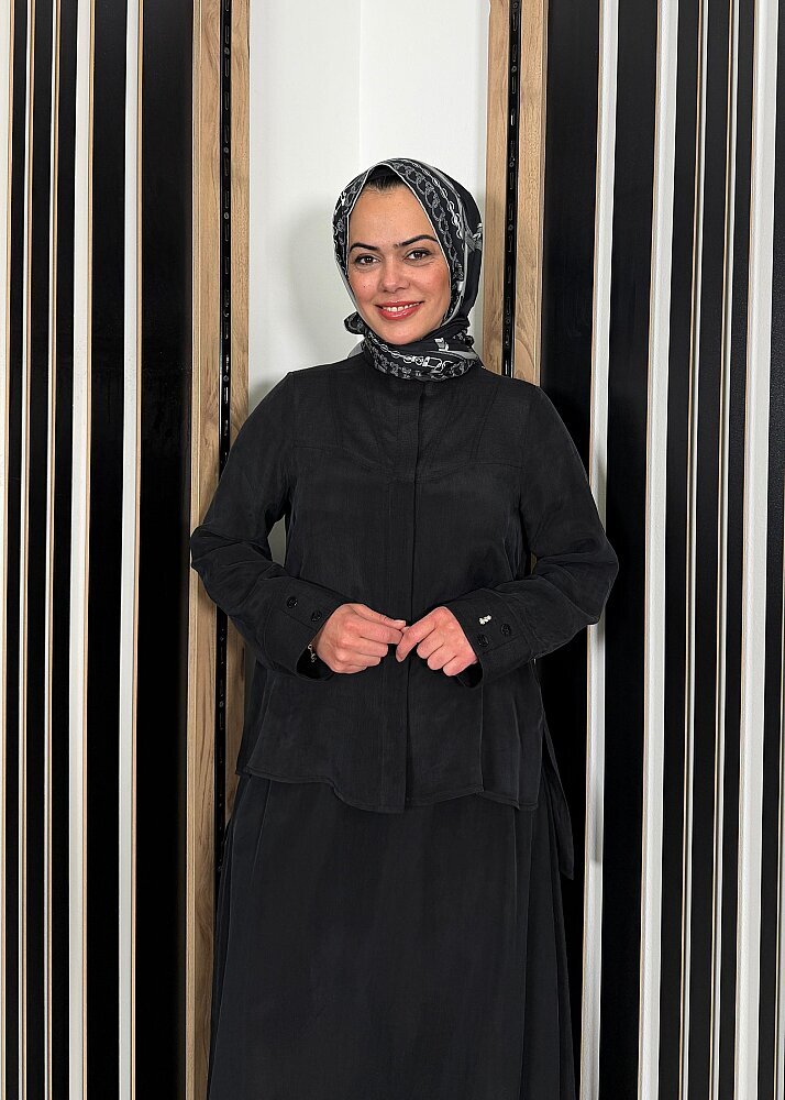 Miss Dalida Uzun Yollu Yakasız Cupra Keten Gömlek BLACK - 2